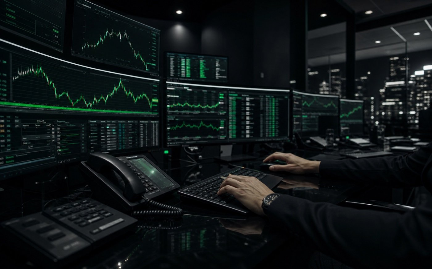 Professional foreign exchange trading desk at night